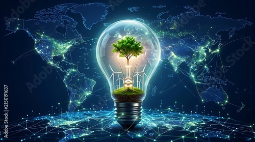 Glowing lightbulb with small tree inside over digital map of earth at night