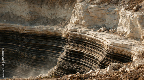 photorealistic industrial photography, close-up of a layered limestone quarry rock face with visible strata and drilling marks, dust particles in soft sunlight, crisp mineral textu