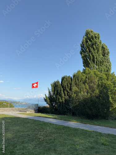 Footpath Leading Past Trees Toward a Swiss Flag and Lake View, Switzerland