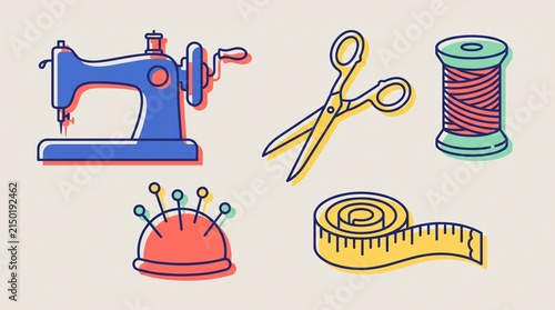 Sewing and tailoring tools illustration, featuring a sewing machine, scissors, thread spool, pincushion, and measuring tape, on a light beige background, for craft and hobby designs