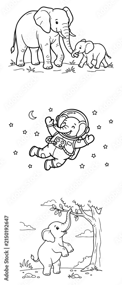 Obraz premium Cute Baby Elephant Family Astronaut In Space Reaching Tree Branch Coloring Page Printable Outline Vector Illustration Line Art For Kids