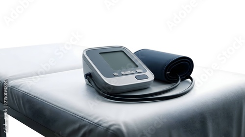 Digital blood pressure monitor with cuff on medical exam table.