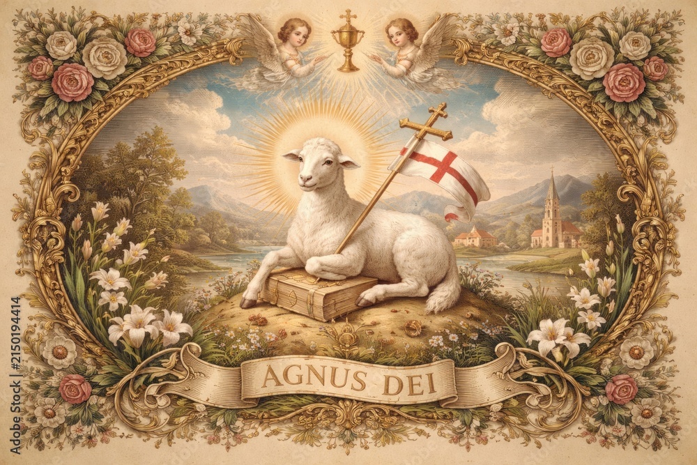 Obraz premium Sacred lamb with ornate floral border.