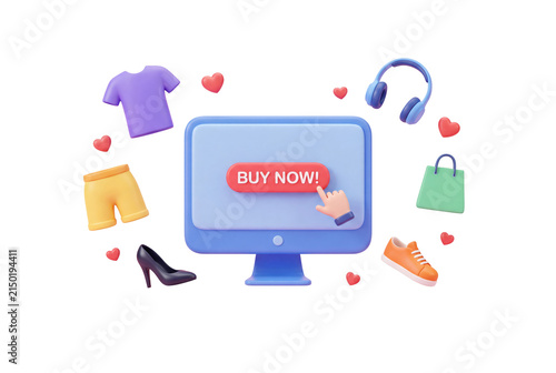 3d online shopping concept with computer and fashion items with now on transparent background