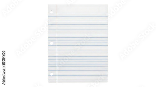 A single sheet of lined notebook paper with three punched holes for a binder isolated on transparent background