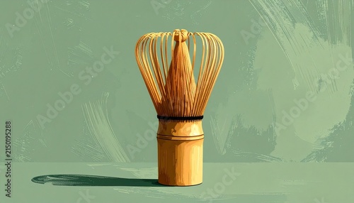 Traditional bamboo matcha whisk on green background.