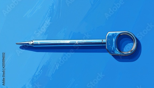 Close up of a vintage metal thermometer on blue background.