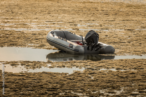 Stranded inflatable motorboat on Lake Constance amid extreme low water levels, Berlingen, Thurgau, Switzerland