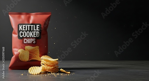 Red bag of kettle cooked potato chips with scattered crisps, delicious