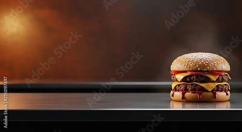 Juicy double patty cheeseburger on metal surface at night with fast food