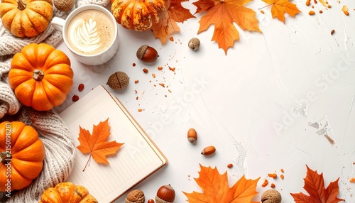 Flat lay of autumn elements featuring pumpkins leaves and warm coffee seasonal background thanksgiving november beverage