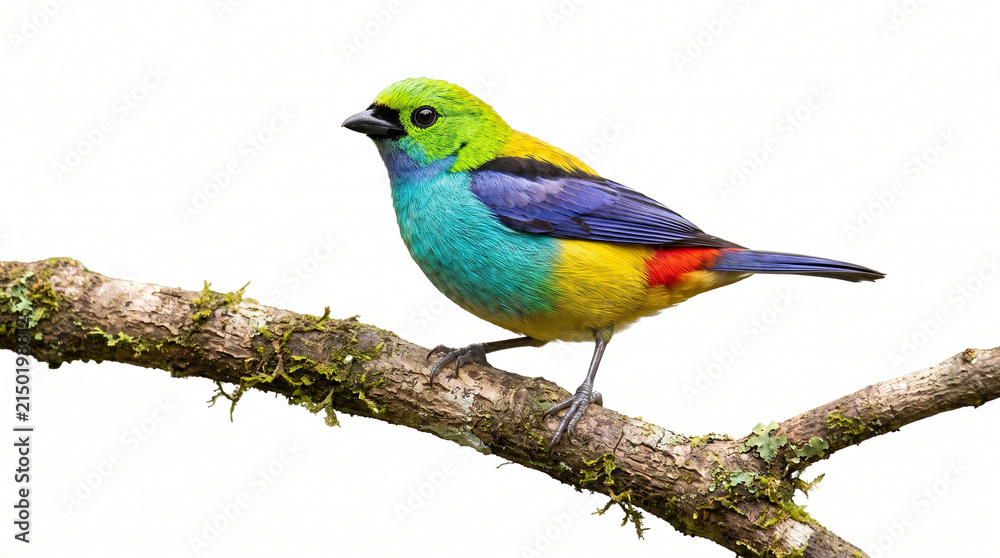 Fototapeta premium Vibrant multicolored bird perched on a mossy branch with lichen.