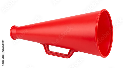 A bright red plastic megaphone used for cheering and making loud announcements isolated on transparent background