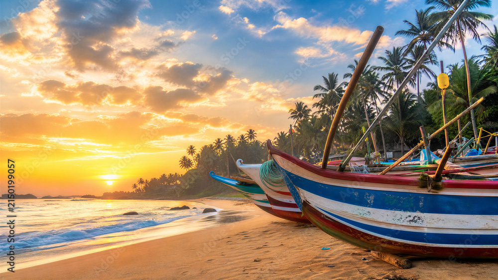 Obraz premium Traditional Colorful Fishing Boats on Sri Lankan Coast at Sunrise
