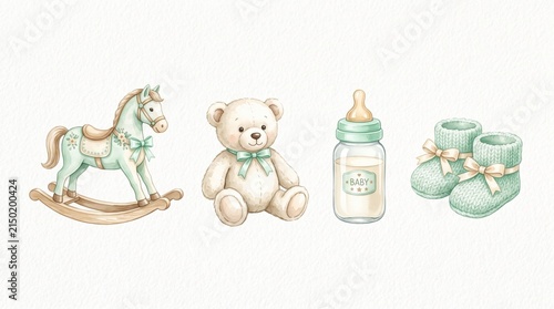 Watercolor baby shower illustration set, featuring a rocking horse, teddy bear, baby bottle, and booties, in soft pastel green and brown, isolated on a white background
