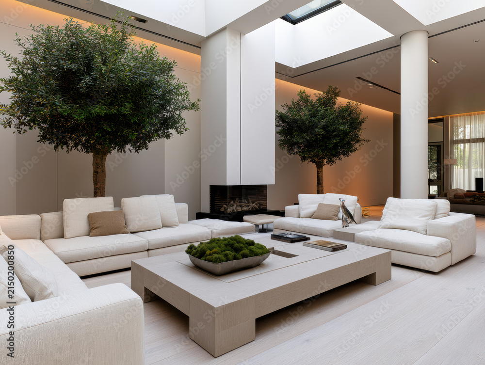Fototapeta premium Modern living room with beige and white sofa, large skylight, indoor tree, minimalist decor, natural light, cozy atmosphere