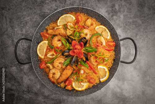Seafood paella rice pan with shrimp and mussels