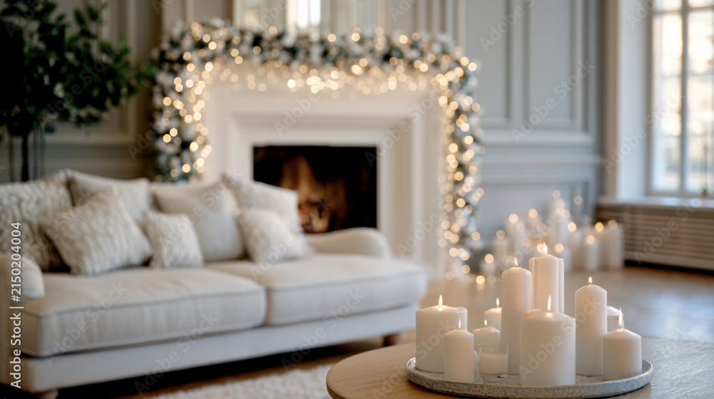 Fototapeta premium Cozy living room white sofa decorative pillow candle fireplace garland festive elegant winter holiday
