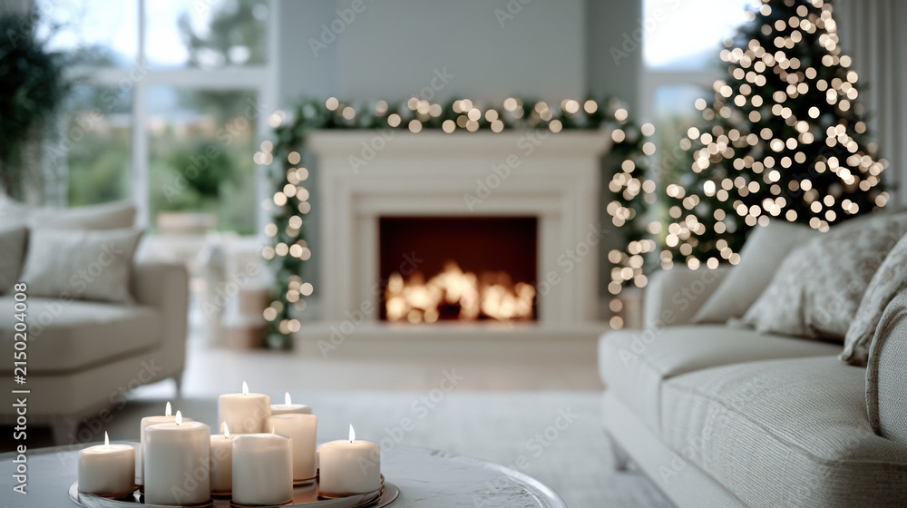 Fototapeta premium Cozy living room with white sofa candles fireplace Christmas tree soft lighting holiday decor blurred background peaceful atmosphere