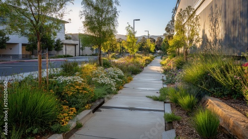 Pedestrian pathway with permeable concrete lined by native plants and rain garden bioswale. Urban water management. Sustainable landscape planning, and strengthen green infrastructure resilience.