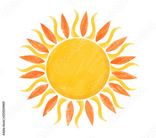Cheerful  hand drawn sun illustration with stylized orange and yellow  rays. 
