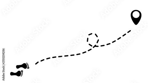 Human footprints on a dashed line path to a final waypoint pin. Winding path marked by dotted lines and stylized footprints. Concept of a journey, route or tracking movement to a final destination.