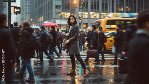 Young woman standing on rainy city street crosswalk surrounded by blurred crowd and traffic