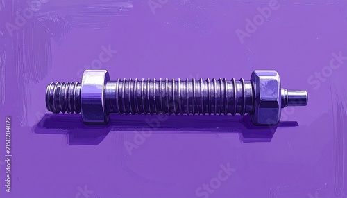 Close up of a threaded metal spring with nuts on purple background.