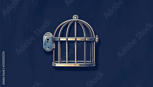 Golden Birdcage Hanging on Dark Blue Wall.