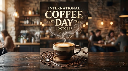 International Coffee Day poster with a steaming cup of espresso on a wooden table in a cafe