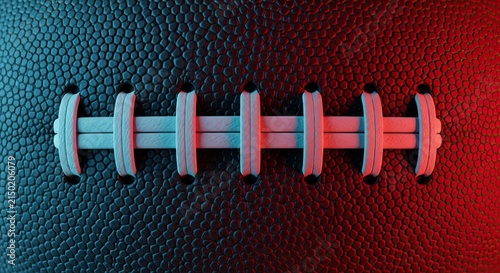 Close-up of American Football laces with red and blue neon lighting