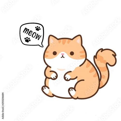 Cute Chubby Orange Tabby Cat Cartoon Illustration with Meow Speech Bubble