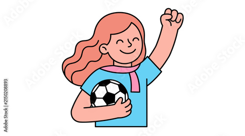 Cartoon girl celebrating victory with a soccer ball in a bright cheerful illustration.