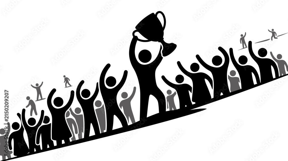 Obraz premium Silhouetted crowd of people in a diagonal celebration gesture showing unity and energy.