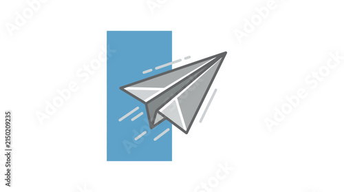 Paper airplane flying through blue sky with trail.