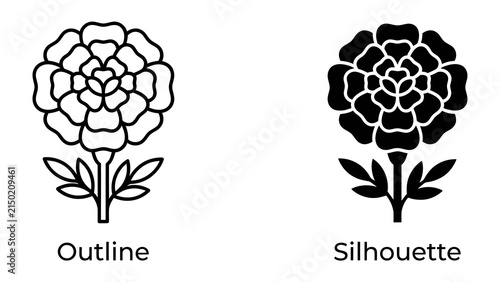 Marigold Flower Icon: A pair of marigold flower icons, one in outline and the other as a solid silhouette, showcasing simple graphic representations of this cheerful bloom.