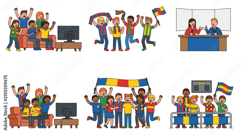 Fototapeta premium Colorful collage of people celebrating, cheering, and waving flags.