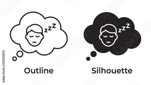 Bild auf Leinwand Sleeping Person Icons: A set of simple icons illustrating a person sleeping, represented in both outline and silhouette styles within thought bubbles, signifying rest and dreams