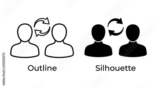 Foto Communication Icon Set: A clear illustration depicting two individuals engaging in a two-way exchange, presented in both outline and silhouette formats, symbolizing connection and interaction