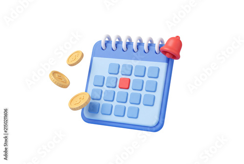 3d calendar with floating gold coins with notification bell floating on transparent background
