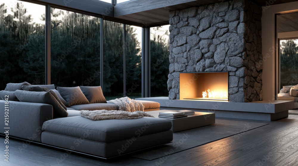 Fototapeta premium Cozy luxury living room with modern gray sofa, stone fireplace, large windows, soft lighting, and forest view at night
