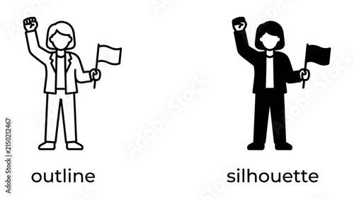 Obraz na plátně Protestor with Flag: An illustration depicting a person holding a flag aloft with one fist raised, symbolizing protest, activism, or independence
