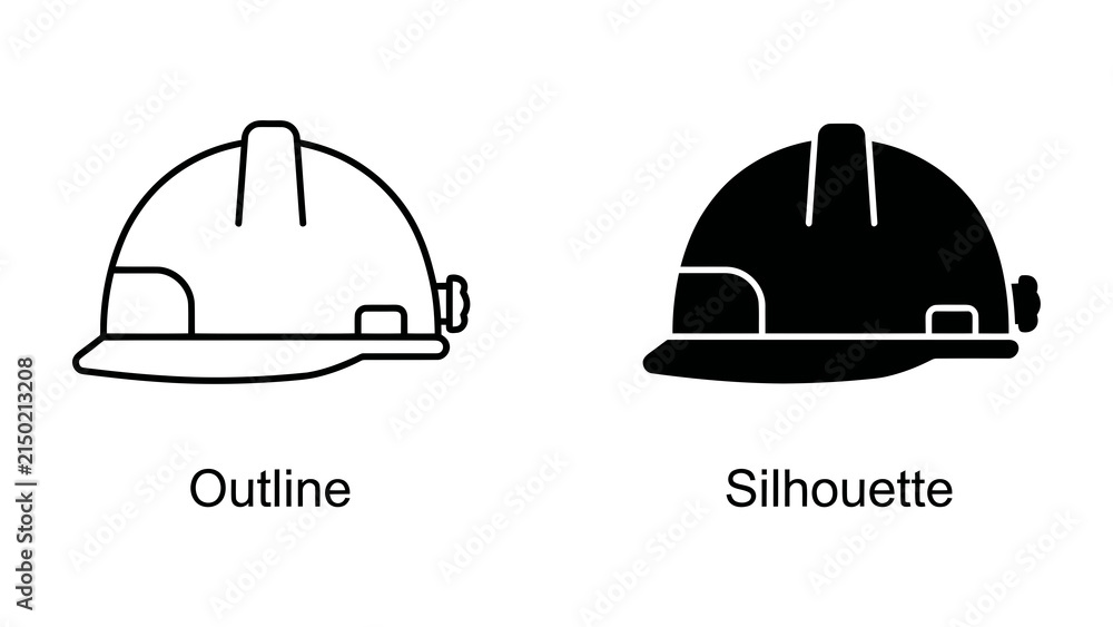 Fototapeta premium Hard Hat: Outline and Silhouette: Two distinct representations of a safety hard hat, one a clear outline and the other a solid black silhouette, ideal for industrial or construction themes.