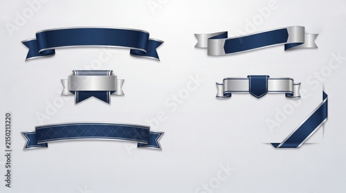 Blue and Silver Ribbon Banners Set with Metallic Edges on White Background