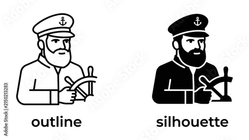 Canvas Print Captain Icon: A man in a captain's hat and jacket, holding a ship's wheel, depicted in both outline and silhouette styles