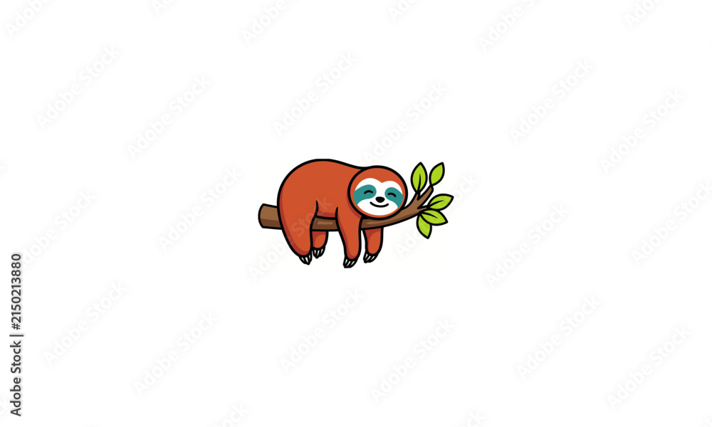 Fototapeta premium Cute cartoon sloth eating green leaf