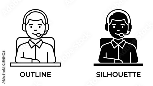 Customer Service Icon: Two distinct representations, outline and silhouette, of a customer service representative wearing a headset and seated at a desk, symbolizing support and communication.