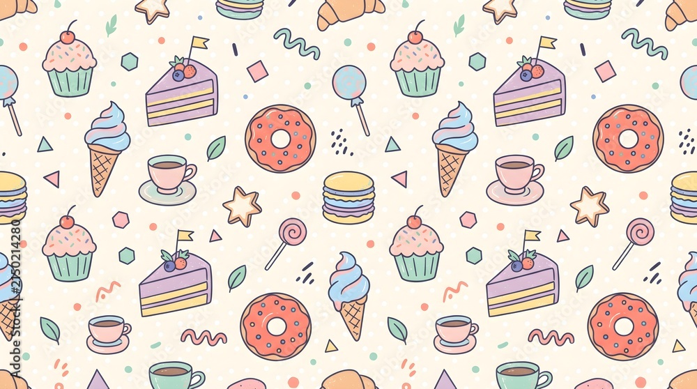 Sweet bakery seamless pattern vector background with donut, cupcake, cookie, strawberry dessert, and pastel elements.