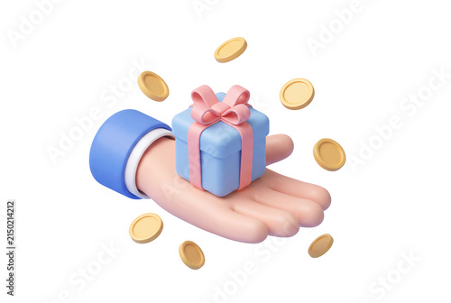 3d cartoon hand holding gift box with floating gold coins with investment on transparent background