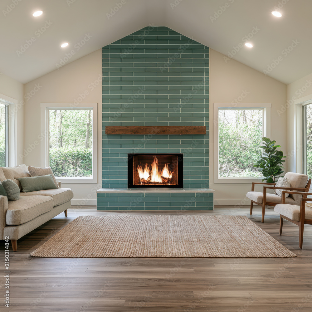 Fototapeta premium Cozy living room with teal tile fireplace, beige sofa, wooden armchair, jute rug, large windows, and indoor plant, peaceful atmosphere